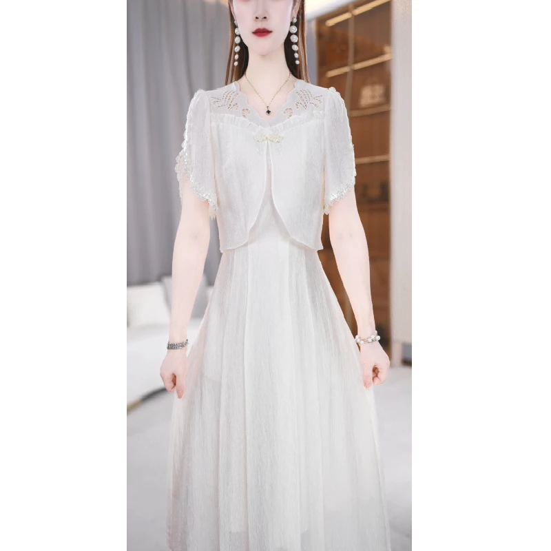 【油画栀子】夏季新款轻奢v领气质简约修身中长款连衣裙M-4XL