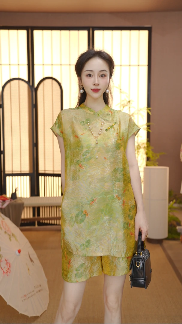 新中式2025夏季气质百搭提花立领短袖上衣裤子女FB2506123