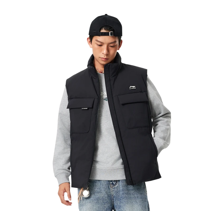 李宁羽绒服冬男款时尚系列舒适保暖简约常规羽绒马甲AMRU033-B品