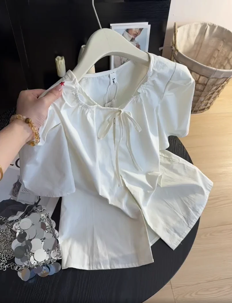 法式泡泡袖短袖衬衫女夏季2025新薄款可爱甜美抽绳褶皱系带上衣
