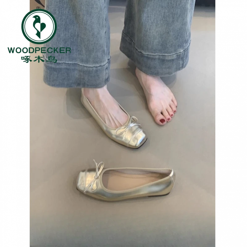啄木鸟法式蝴蝶结浅口芭蕾单鞋女春夏新款百搭方头温柔平底奶奶鞋