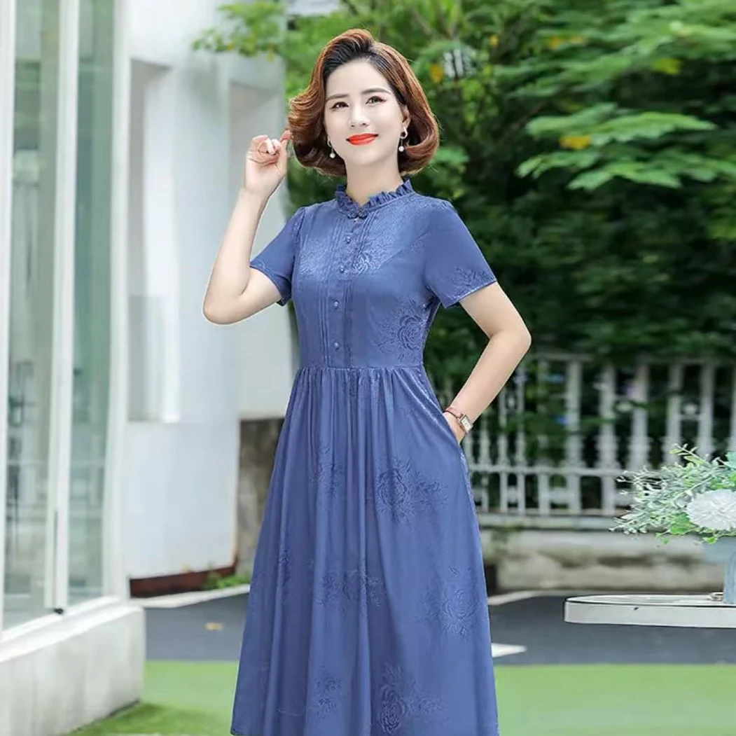 BA05-洋气显瘦中年长裙中长裙时尚中老年女装收腰