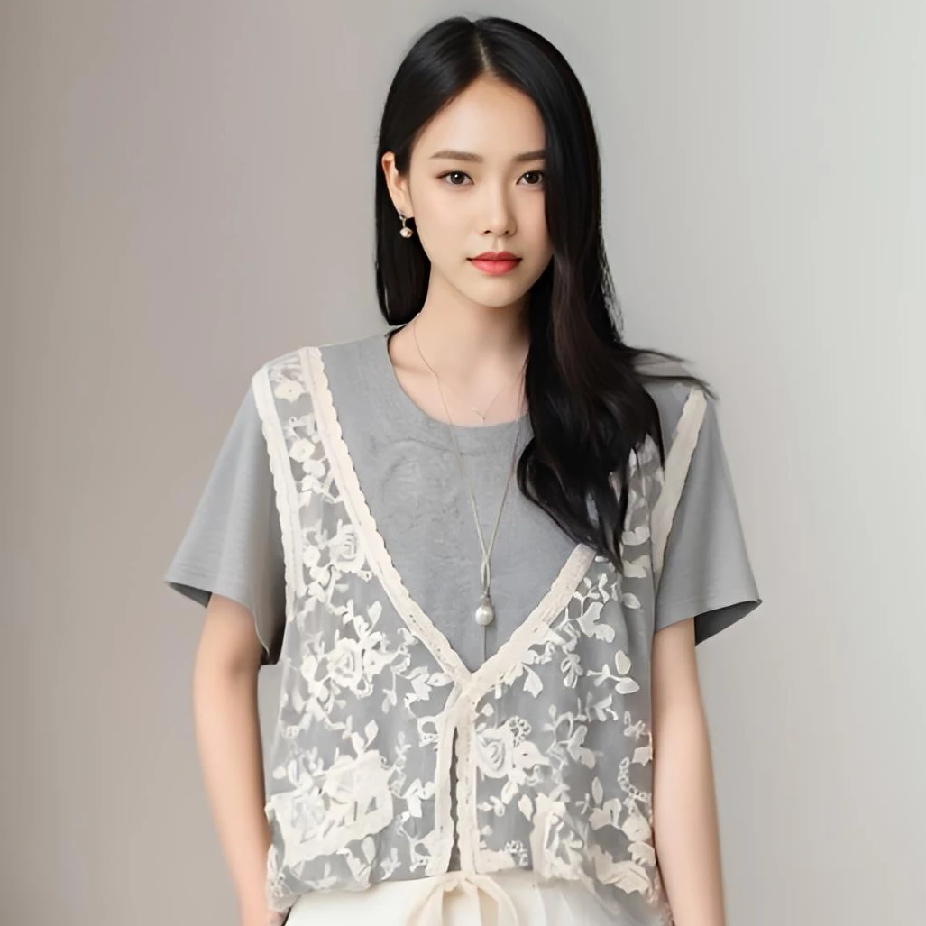 夏季新款刺绣蕾丝拼接假两件女时尚洋气设计感百搭上衣