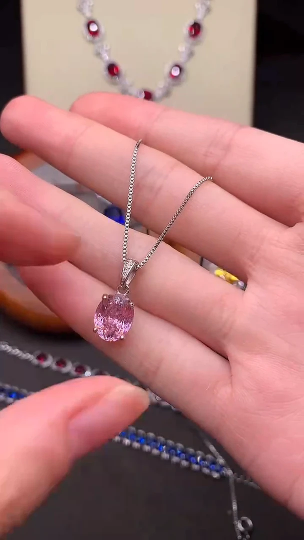 吊坠(赠链)银S925镶嵌碧玺樱花粉