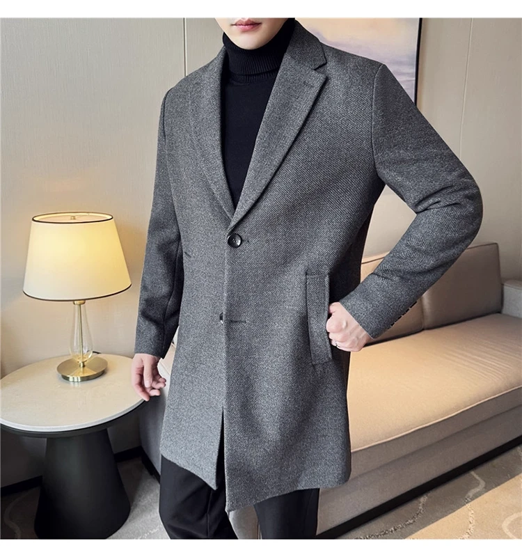 加厚夹棉西装领毛呢大衣男中长款呢子外套时尚百搭DY02