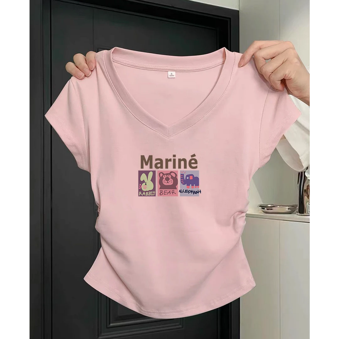 收腰设计感修身短款上衣纯欲多巴胺粉色正肩v领短袖T恤女春夏褶皱