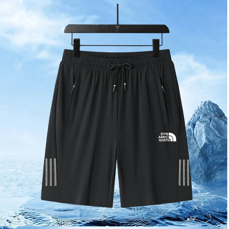 动感北面夏季薄款冰丝男士五分压花三条杆大码宽松速干高级感短裤