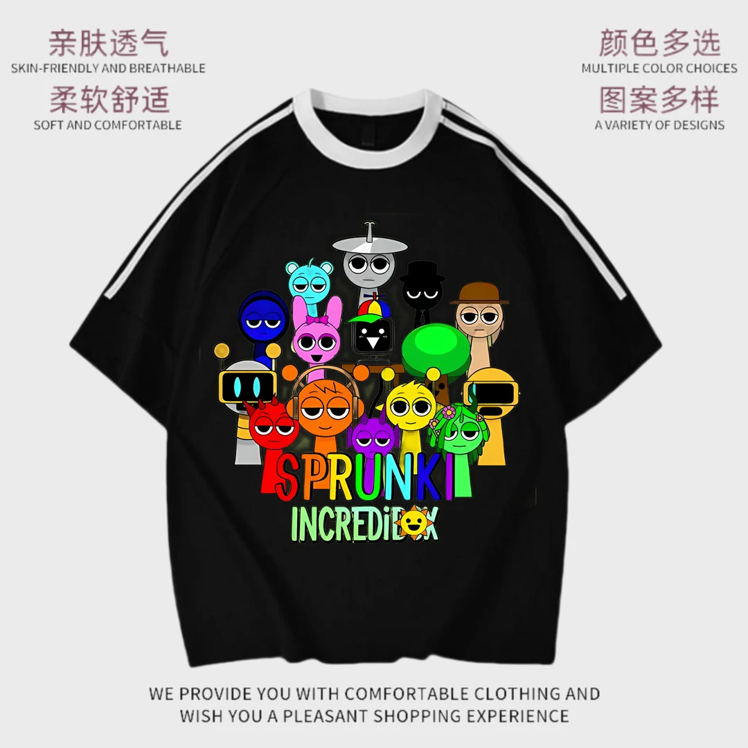 新款节奏盒子音乐游戏儿童夏季纯棉短袖T恤男女童宽松上衣Sprunki