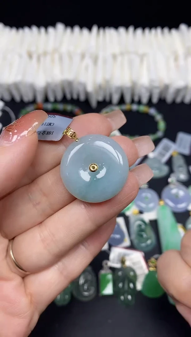 吊坠(不含链)18K金镶嵌翡翠平安扣18K金扣镶嵌@@CMT1445-1