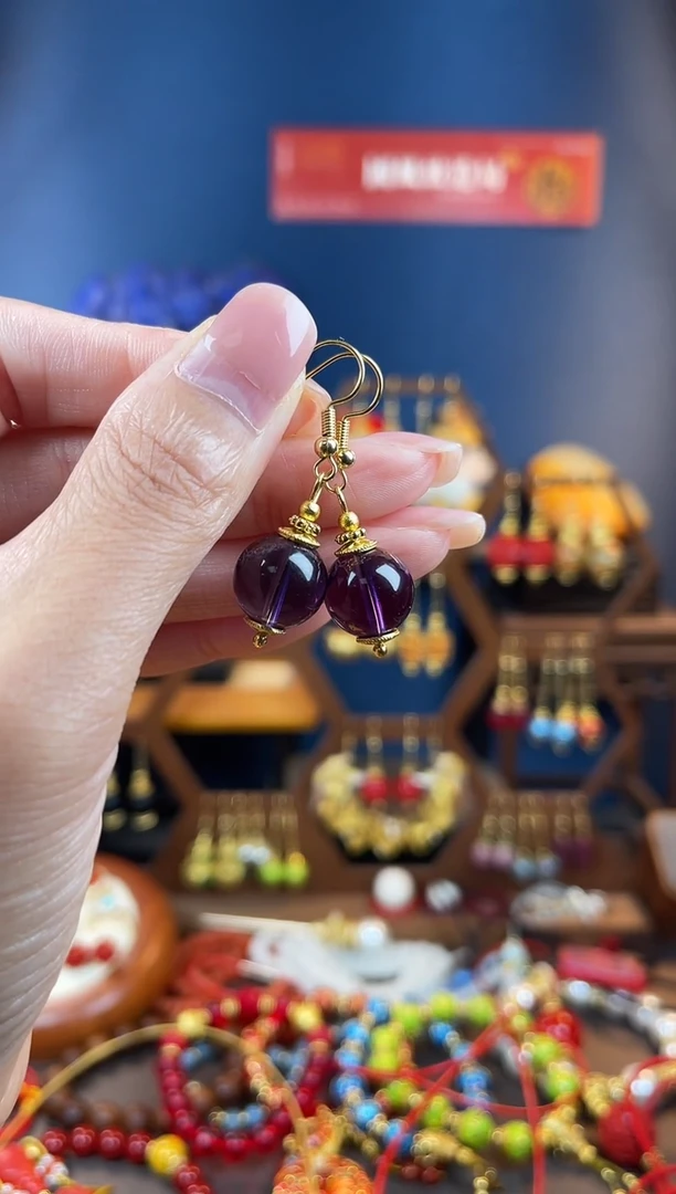 银S925镀金镶嵌耳饰水晶心**念，紫色水晶耳钩