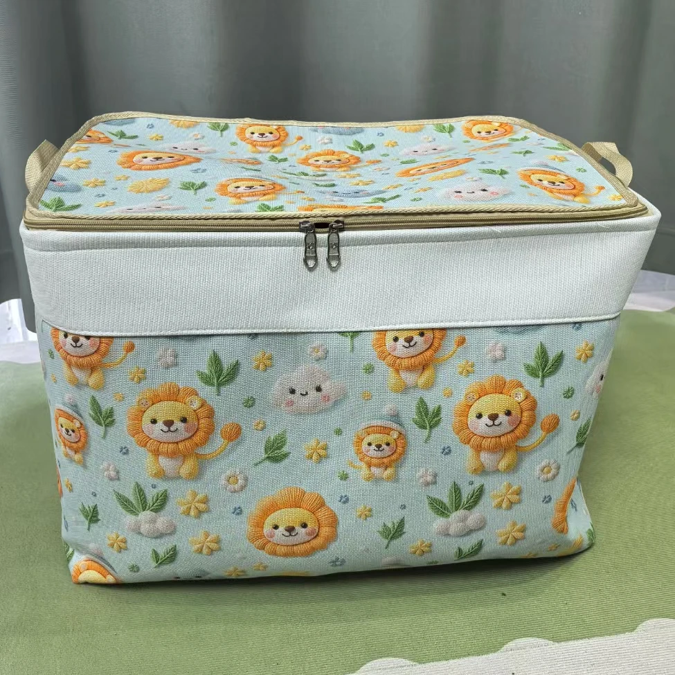 60L蓝色小狮子双拉链带钢圈防潮带盖收纳箱衣物储物箱可折叠家用