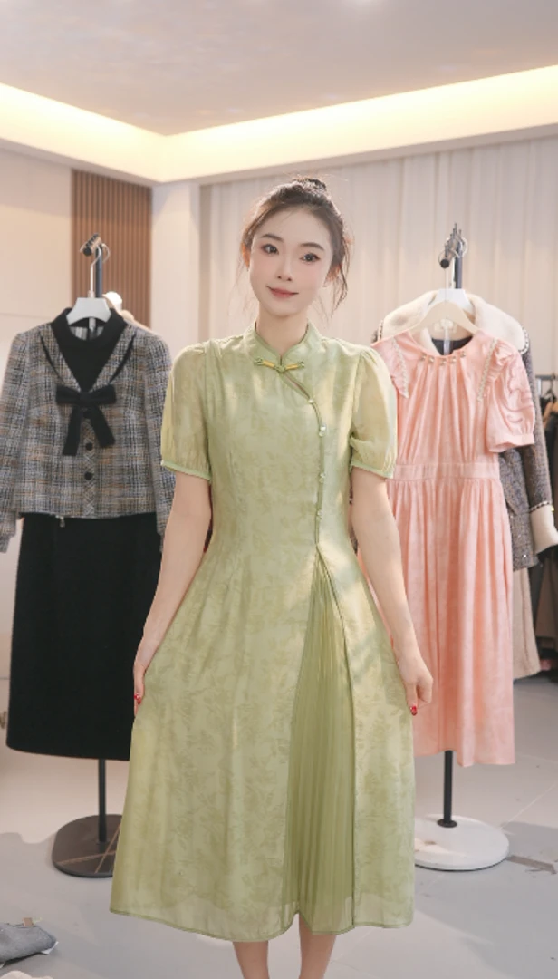 M0055 新款春秋季新中式收腰长裙气质连衣裙女