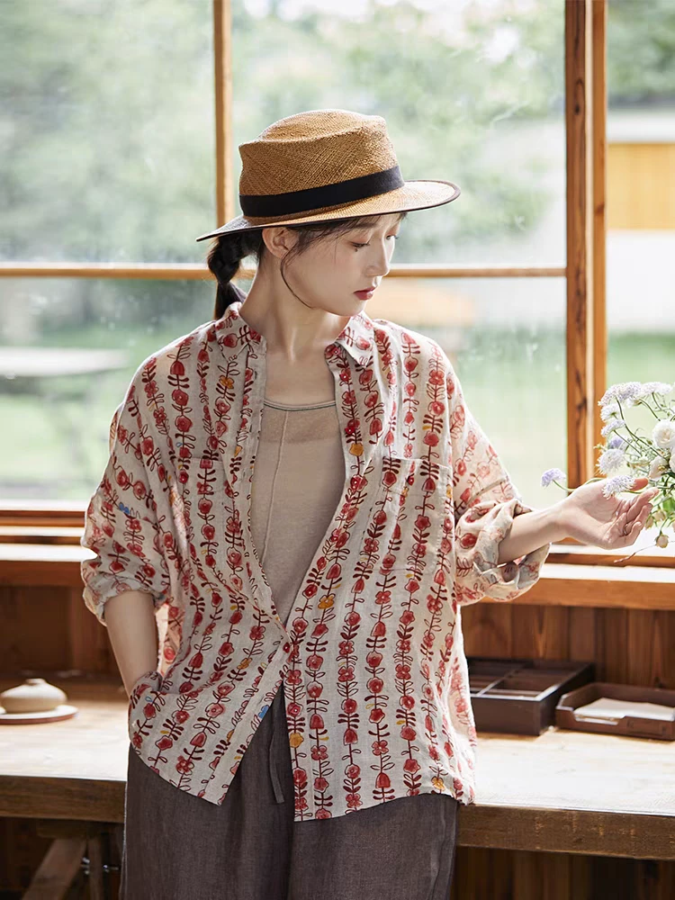 夏款28英支100汉麻虞美人翻领开衫文艺休闲轻盈百搭女士衬衫24001