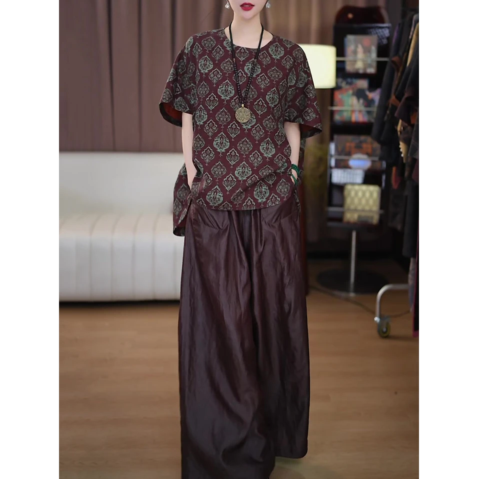 高档民族风时尚套装女2025夏新款休闲百搭宽松显瘦大码上衣+长裤