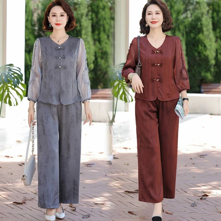 中式妈妈春夏装时尚两件套中老年女装长袖上衣休闲气质套装薄款