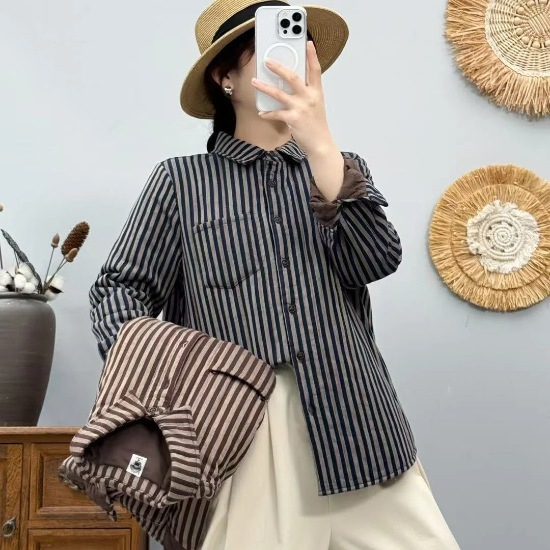 素雅冬季新款翻领条纹加棉衬衫款文艺减龄显瘦百搭经典保暖小棉服