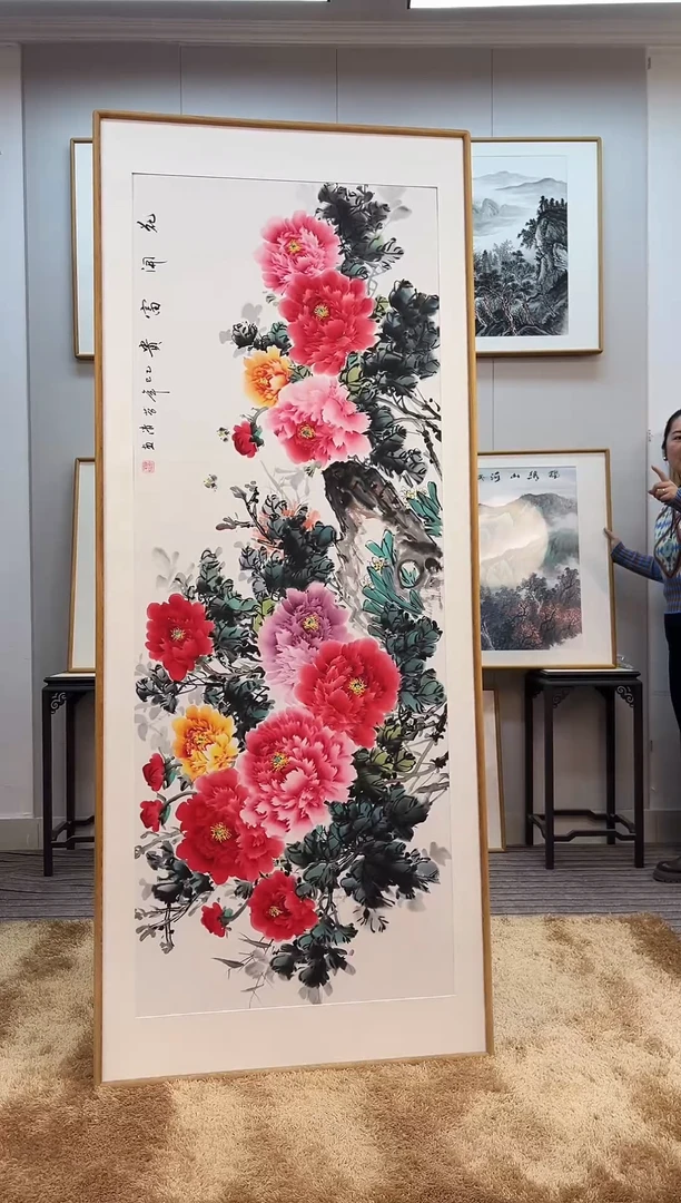 国画手绘牡丹202*82尺寸