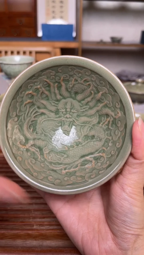 瓷器耀州窑李少勇龙纹斗笠盏 微瑕