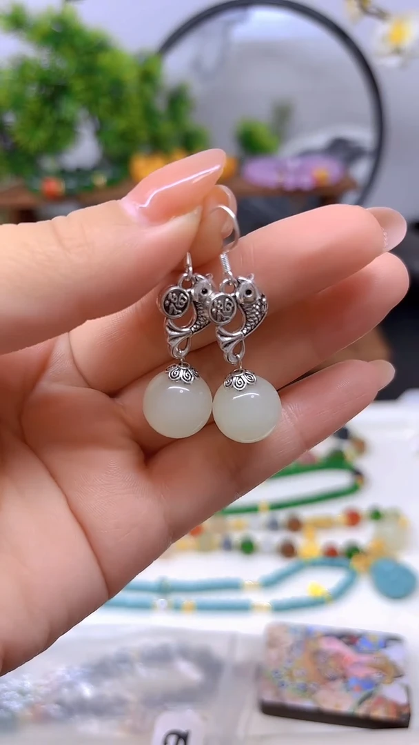 银S925镶嵌和田玉（白玉）耳饰E783