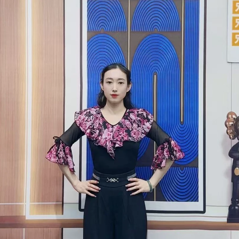 欢舞阁摩登舞吉特巴百搭圆领时尚气质女士荷叶边A0703广场舞衣
