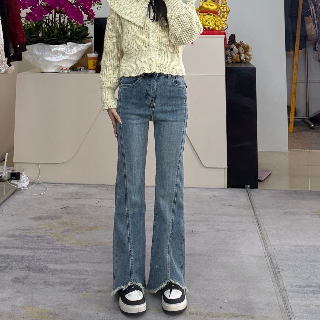 3122牛仔裤女小个子春季新款显高显瘦弹力修身高腰百搭九分微喇裤