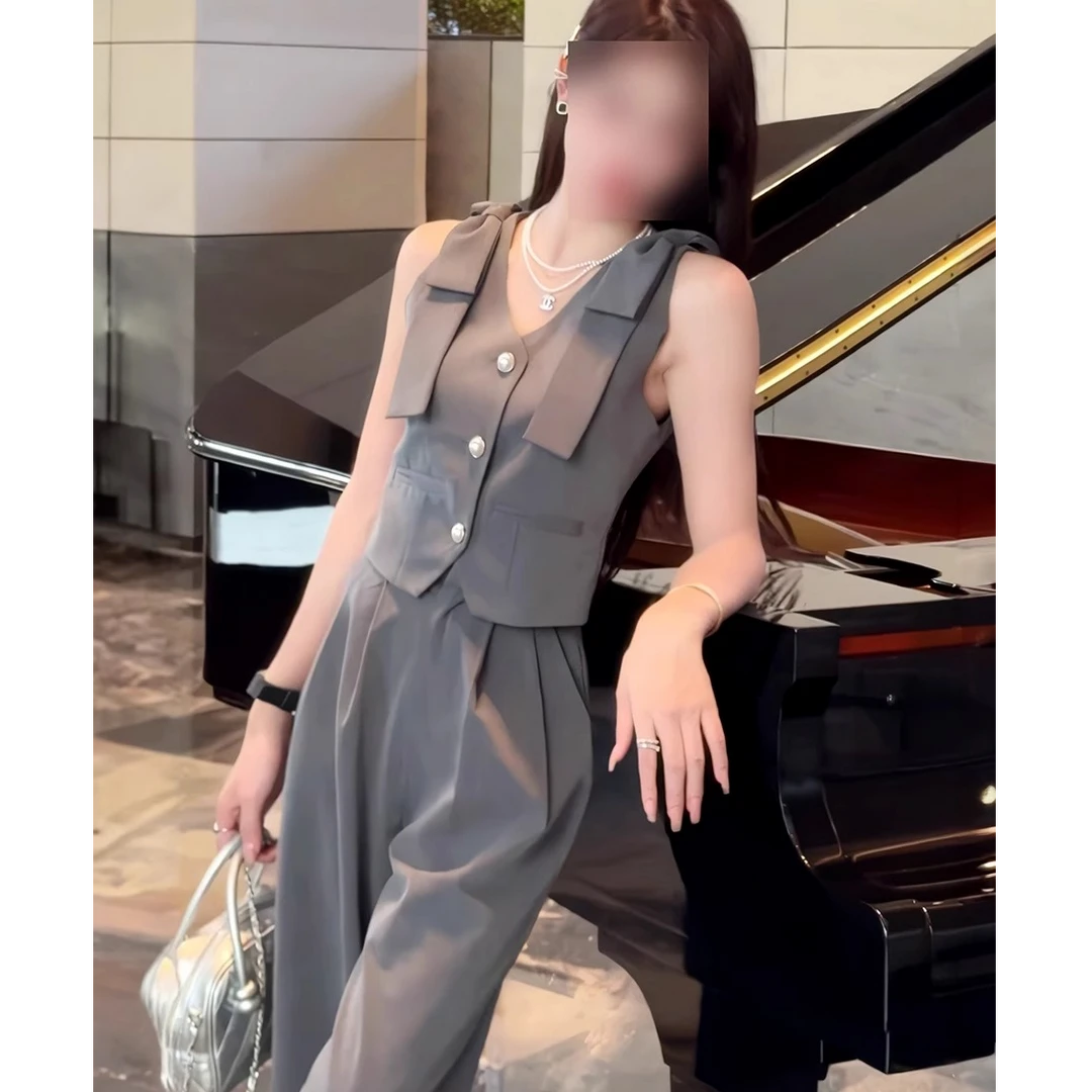 小香风无袖马甲背心阔腿裤套装女夏秋轻奢上衣直筒休闲西裤两件套