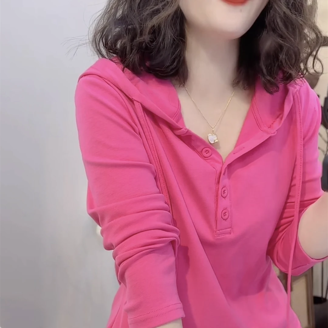 简约休闲时尚连帽长袖T恤女秋季2025新款百搭洋气纯色上衣卫衣潮