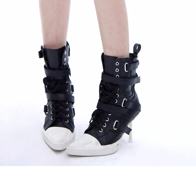 付新博女装细高跟尖头马丁靴女时尚气质拼接皮质绑带高跟短靴6867