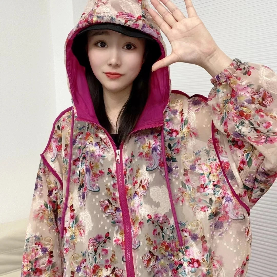 2024新款欧货洋气提花连帽宽松防晒外套