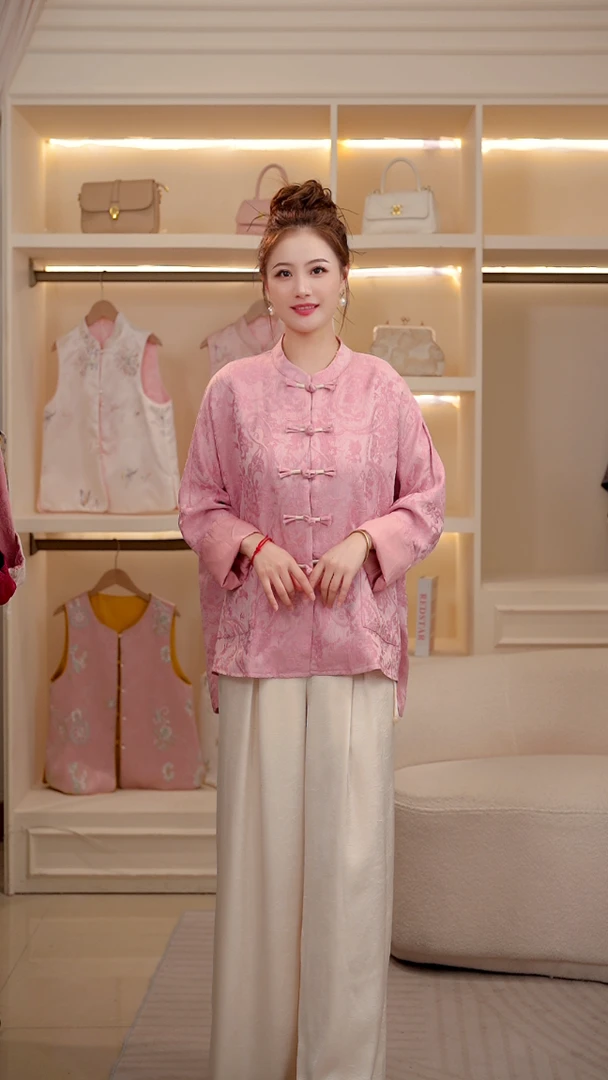 春秋季直襟薄款中国风古风圆领提花常规长袖上衣女装