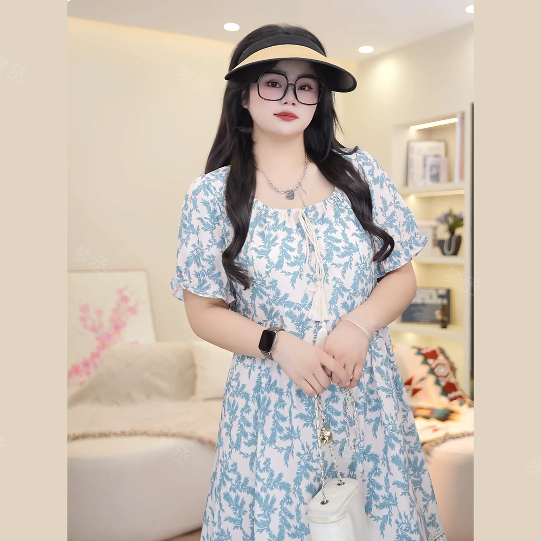 梦丞【海鸣之时】大码女装夏季设计感长裙宽松遮肉小众短袖连衣裙