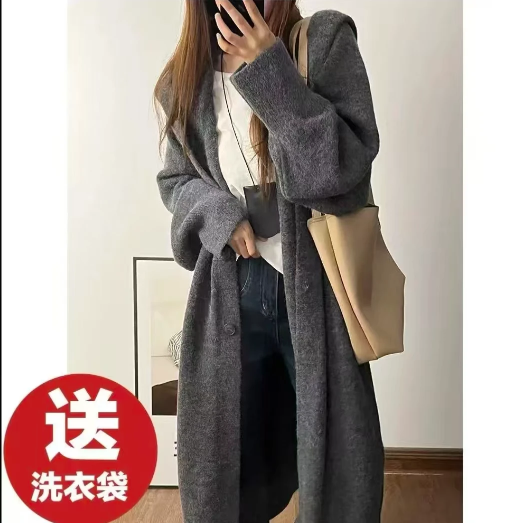 时尚秋冬长款针织衫大码连帽百搭宽松慵懒风加厚中长款灰色DZ999