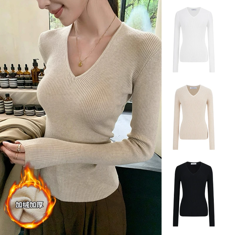 Moses Queen/魔西女王纯欲V领正肩T恤针织修身显瘦打底上衣