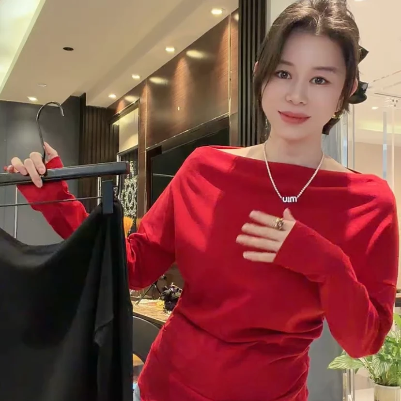 韩版纯欲风一字领露肩条纹长袖T恤女秋季2025新款内搭打底衫上衣