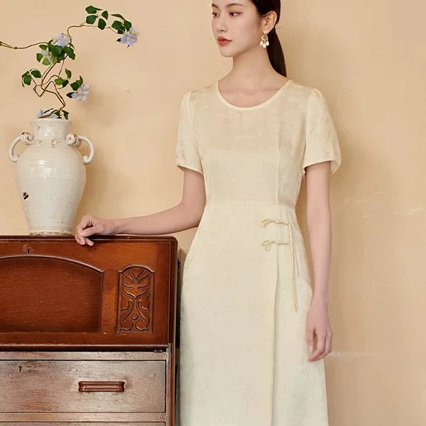 【佐尔美专属M42LS43】夏季新款中长裙女100%桑蚕丝刺绣款时尚显瘦