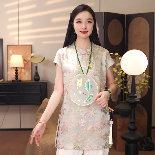 【锦绣山河】2025新中式国风高级感T恤女装夏季短袖斜襟上衣