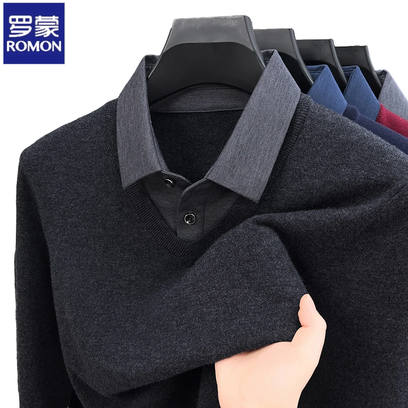 罗蒙男士100%羊毛衫假两件春秋薄款保暖衬衫领针织衫商务休闲毛衣