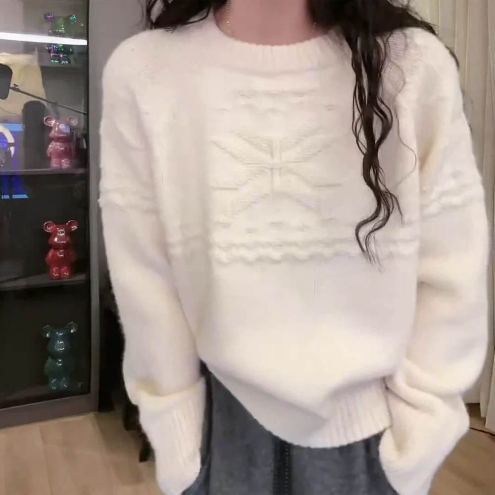 秋冬新款圆领纯色雪花插肩袖毛衣长袖上衣女套头针织衫C3215