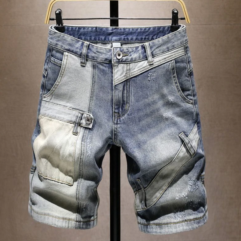 2025夏季新款拼接痞帅牛仔短裤男乞丐补丁中裤潮牌宽松薄款五分裤