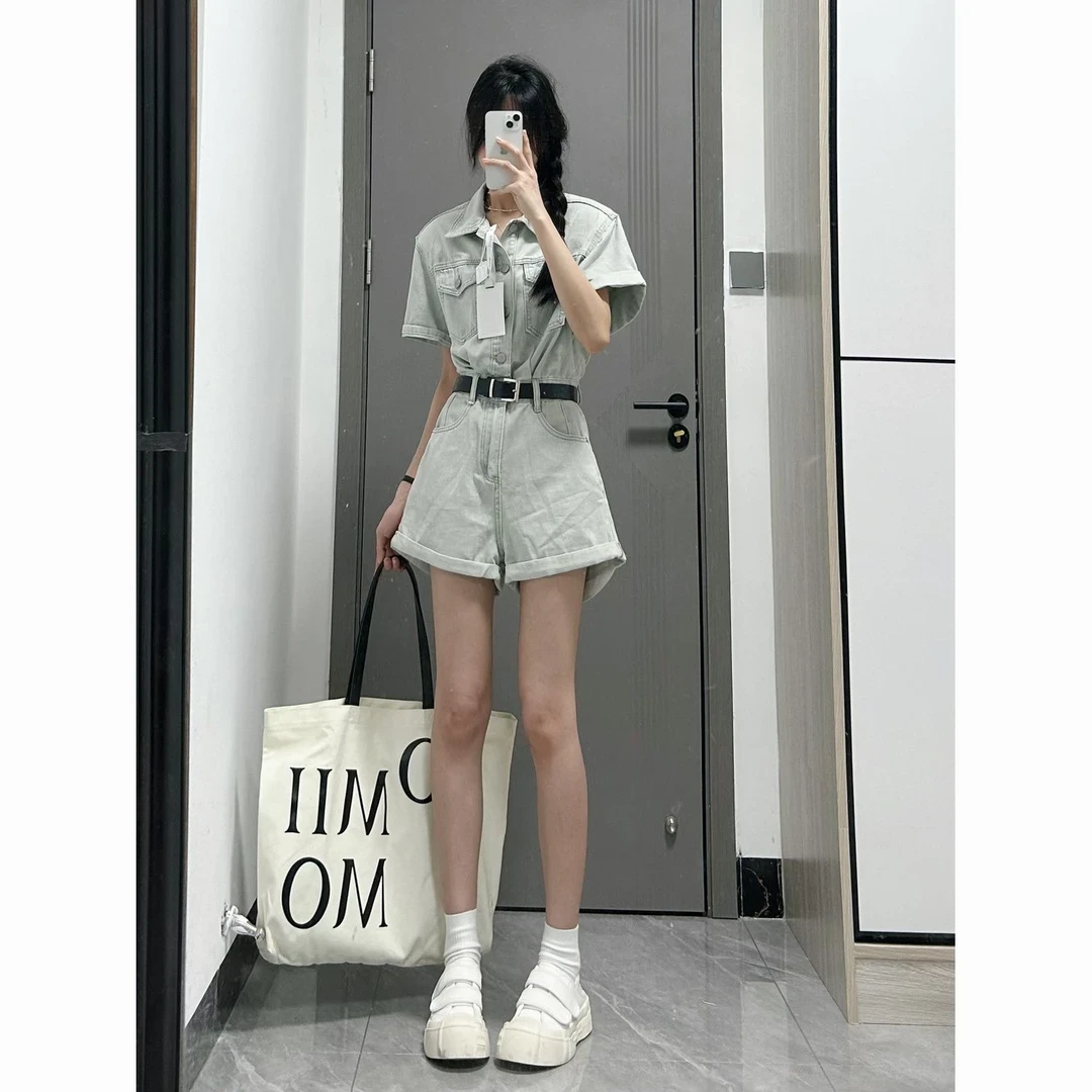韩系高级感短袖牛仔连体裤女2025年夏季新款高腰气质显瘦工装短裤