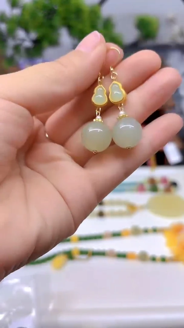 和田玉14K金镶嵌耳饰E714