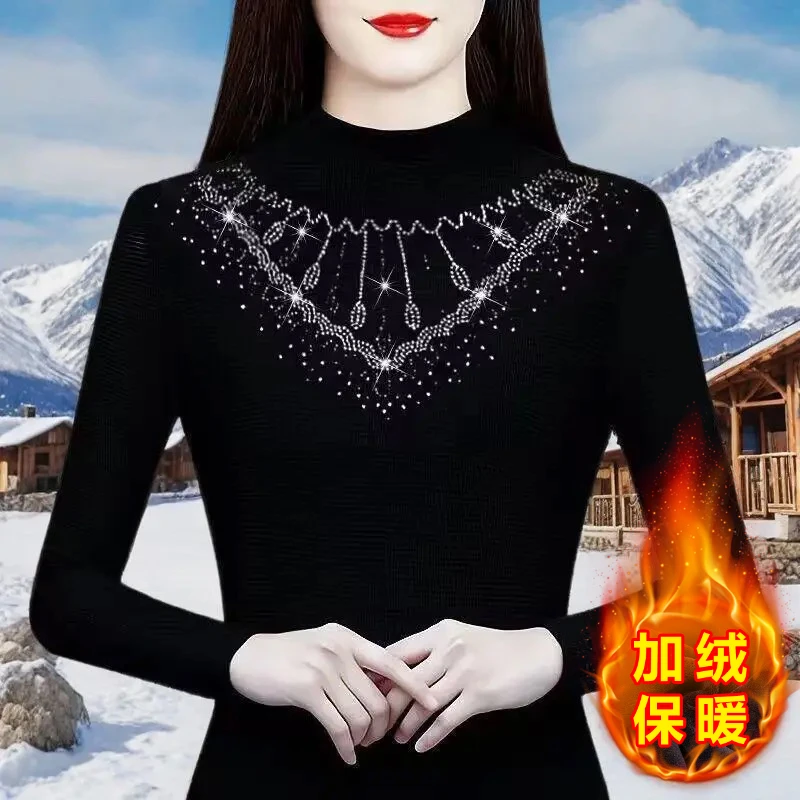 加绒保暖秋冬打底衫黑色半高领上衣大码遮肚子气质长袖减龄小衫女