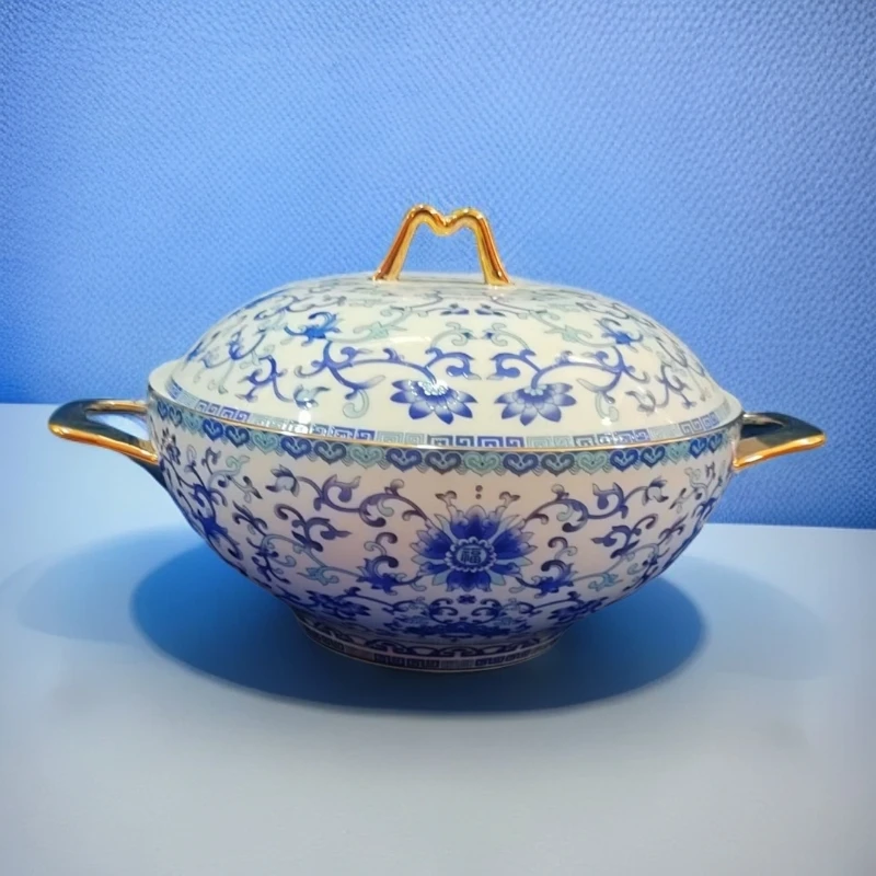 家用陶瓷轻奢宫廷珐琅彩金福M煲（青花色）