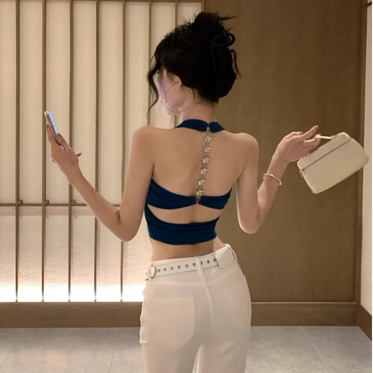 设计感性感美背挂脖吊带背心女夏季无袖外穿修身辣妹纯欲蓝色上衣