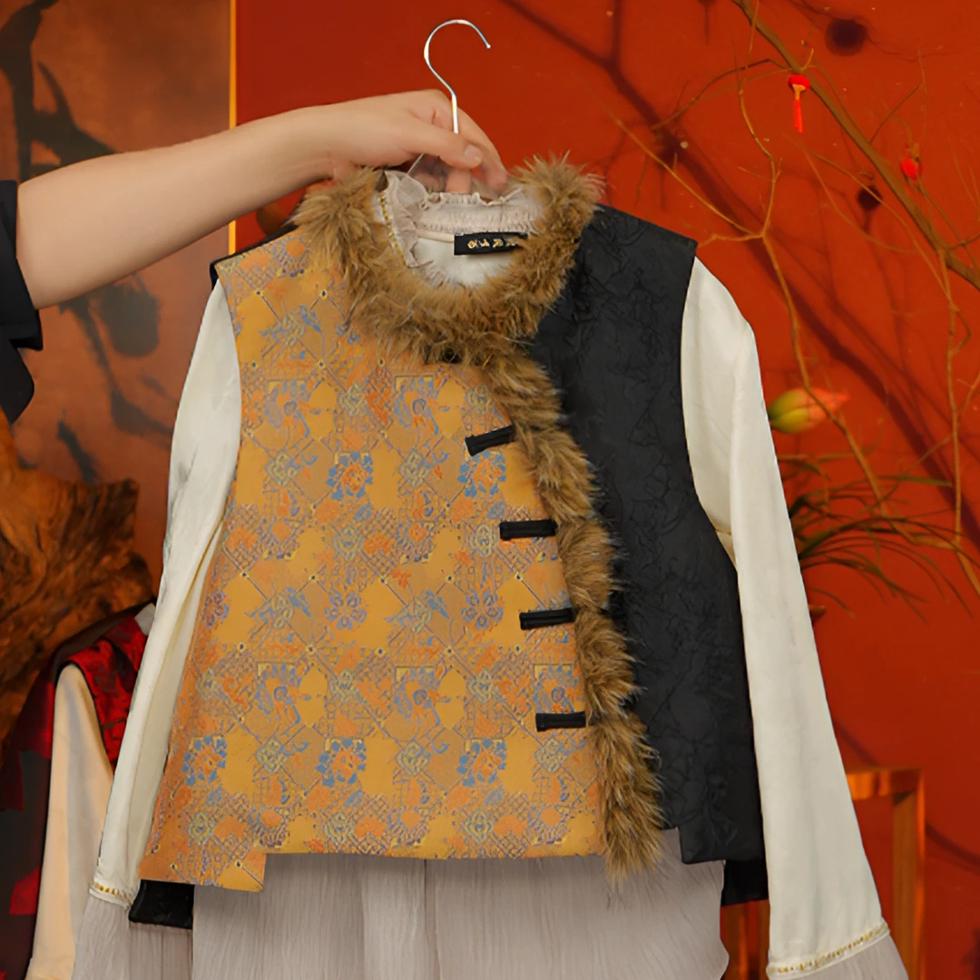 【羽落人间】宋锦刺绣拼接毛领棉服马甲