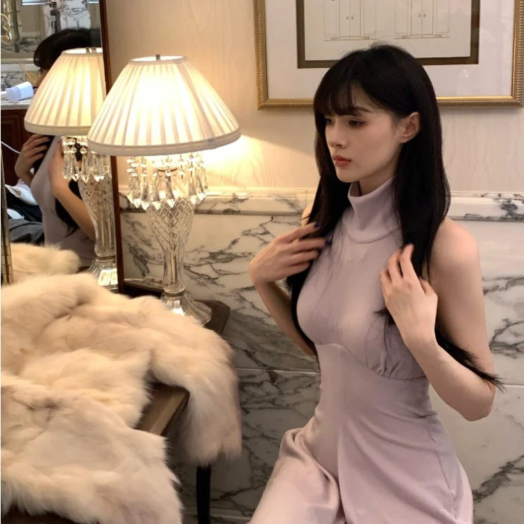 秋冬女神沙漏型高腰显瘦修身针织长款内搭挂脖浅紫无袖连衣裙女