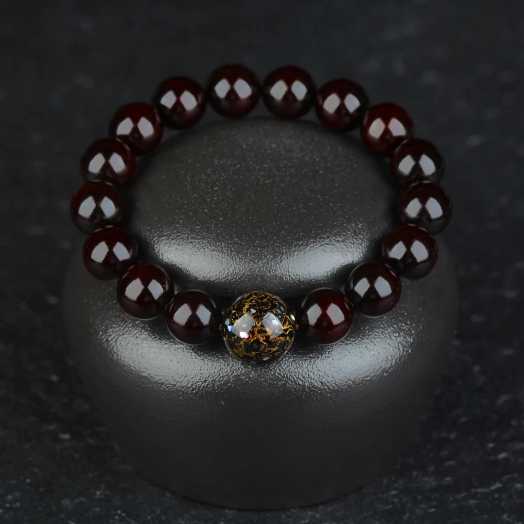 小叶紫檀高油密老料2.0cm搭配精美大漆单圈文玩手串 EFZ2187