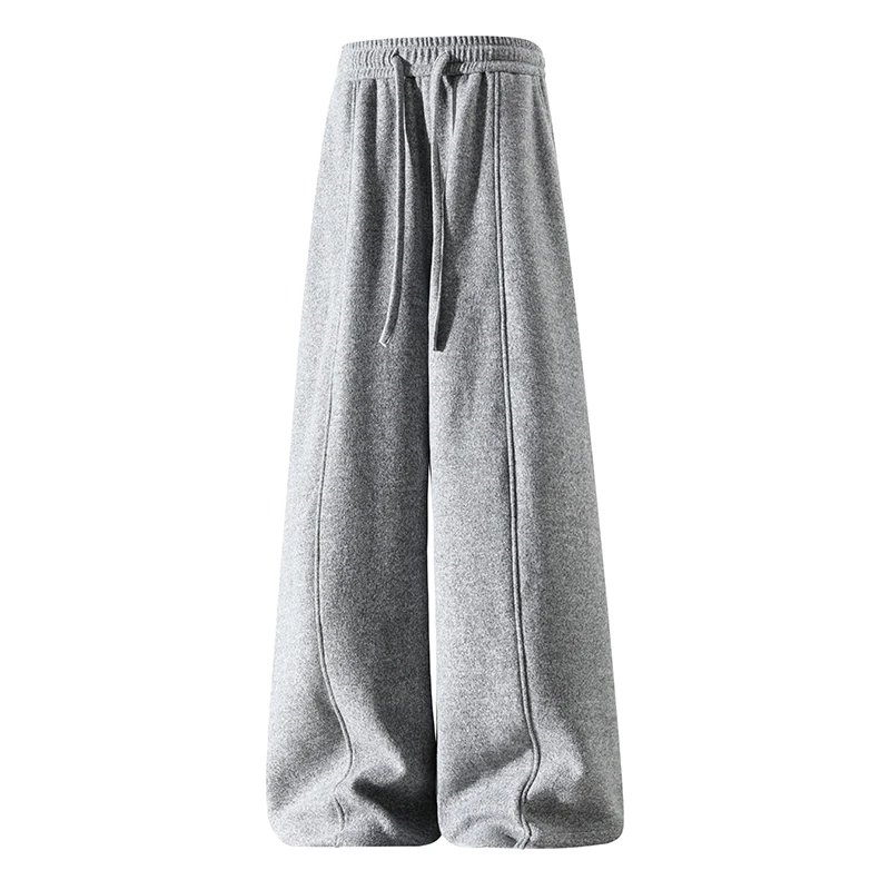 秋冬加绒加厚阔腿长裤男士宽松休闲弯刀卫裤长裤百搭纯色直筒裤子