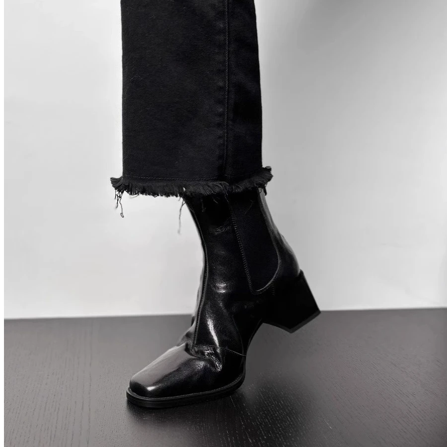 黑色粗跟短靴女套筒方头通勤切尔西靴全皮2023秋冬季加绒加厚皮靴