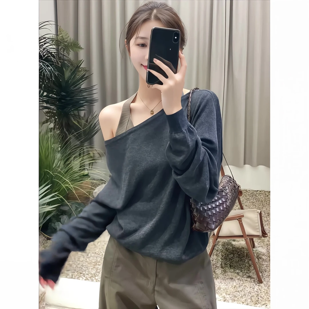 韩系早秋穿搭斜肩露肩针织衫女2025新款秋季宽松高级感一字肩上衣